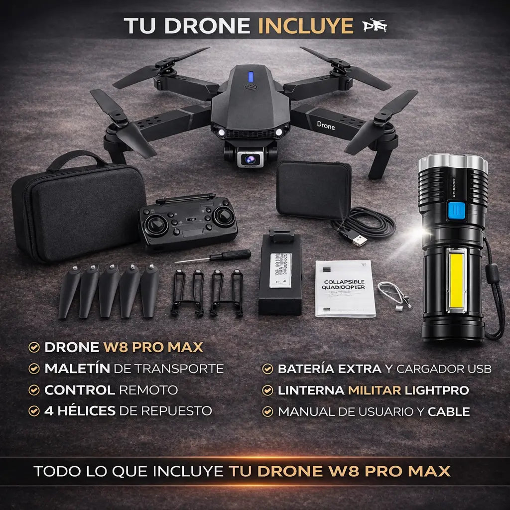 Drone W8 Pro Max Con Inteligencia Artificial + Linterna Militar LightPro™ [ÚLTIMAS UNIDADES]